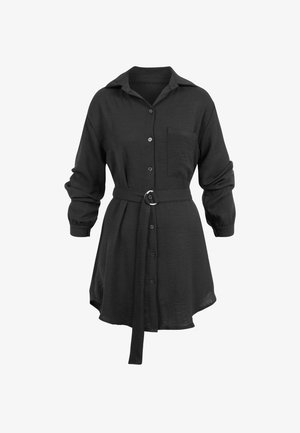 Abito camicia nero a maniche lunghe con bottoni frontali, taschino sul petto, colletto e cintura in tessuto abbinato con fibbia rotonda argento.