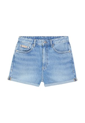 Light blue denim shorts with a folded hem, featuring a front button closure, belt loops, and two front pockets. Calvin Klein label visible.