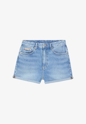Light blue denim shorts with a folded hem, featuring a front button closure, belt loops, and two front pockets. Calvin Klein label visible.