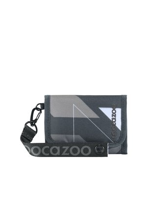 Folded black and gray fabric wallet with geometric pattern, snap closure, and detachable strap with clip and printed brand name.