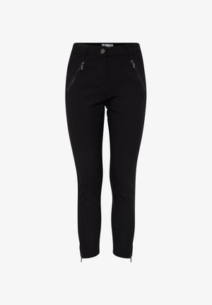 Czarne spodnie w slim fit, z zamykanymi na zamek przednimi kieszeniami, zapięciem na guzik oraz zamkami błyskawicznymi na kostkach dla dodatkowego akcentu. Wykonane z gładkiego materiału.