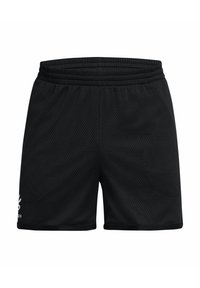 Zwarte mesh sportshorts met een elastische tailleband en een gladde textuur. Bevat minimalistische witte logo-details op de linker bovenbeen.