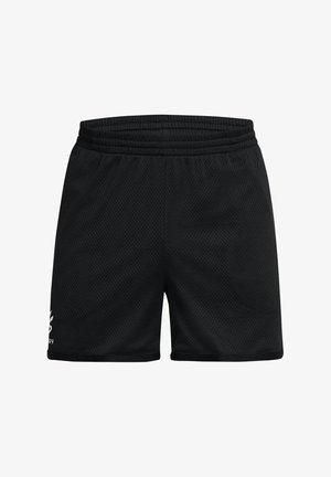 Black mesh athletic shorts with an elastic waistband and a smooth texture. Features minimalistic white logo detail on the left thigh.