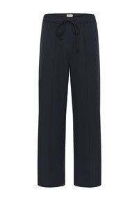 Zwarte wijde broek met elastische tailleband met trekkoord en details van voornaad, gelabeld "soaked" aan de achterkant van de taille.