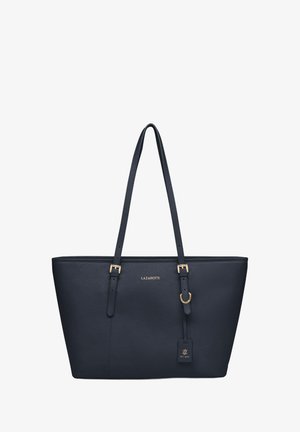 Borsa a tote in pelle nera Lazaroți con lunghe tracolle regolabili, accessori in tono oro e etichetta con logo che pende sul lato anteriore.