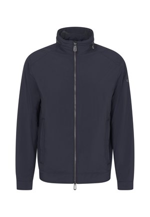 Navy blue jacket with stand collar, front zipper closure, two side pockets, and long sleeves, shown on white background.