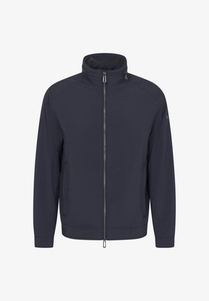 Navy blue jacket with stand collar, front zipper closure, two side pockets, and long sleeves, shown on white background.