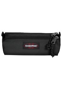 Black fabric pencil case with a rectangular shape, featuring a top zipper and a red and black logo patch, textured surface, and cord accents.