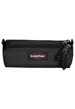 Black fabric pencil case with a rectangular shape, featuring a top zipper and a red and black logo patch, textured surface, and cord accents.