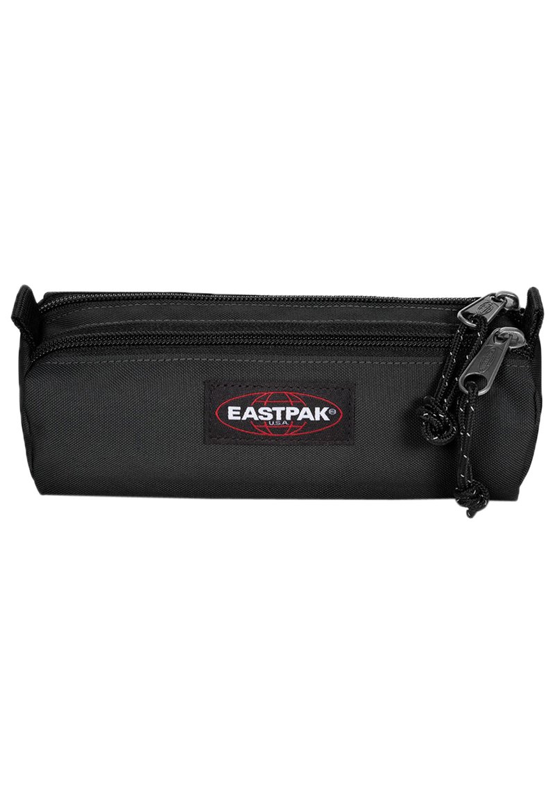 Black fabric pencil case with a rectangular shape, featuring a top zipper and a red and black logo patch, textured surface, and cord accents.