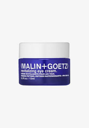 Blauer Glasbehälter mit einem weißen Deckel, beschriftet mit "(MALIN + GOETZ) revitalisierende Augencreme", versehen mit erhabenem Text und einem Volumen von 15 ml (0,5 fl. oz.).