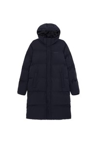 Cappotto invernale lungo e imbottito di colore nero con cappuccio, due tasche frontali e chiusura con zip, progettato per il freddo.