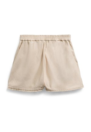 Beige Shorts aus glattem Stoff mit elastischem Bund, ausgestattet mit Seitentaschen und fringierten Säumen. Das Design ist entspannt und lässig.