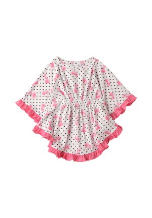 Weißes Baby-Kleid mit schwarzen Polka-Dots, pinkem Flamingo-Print, elastischem Taillenbund, weiten Ärmeln und pinkem Rüschensaum an den Kanten.