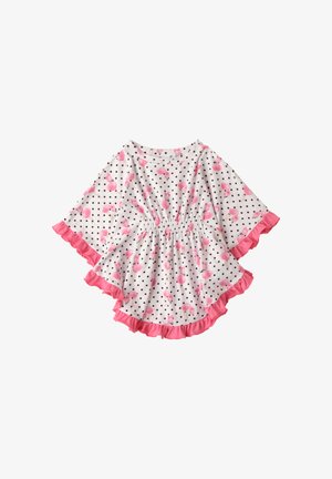 Weißes Baby-Kleid mit schwarzen Polka-Dots, pinkem Flamingo-Print, elastischem Taillenbund, weiten Ärmeln und pinkem Rüschensaum an den Kanten.