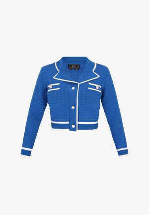 Sinine lühikeste varrukatega kardigan tekstuurse mustriga, valge äärisega ja kahe esisegmendiga. Omab krae ja viis nööpi ees.