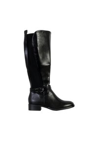 Botas altas de cuero negro con un acabado suave, que presentan un panel elástico lateral, un detalle de tira estrecha y un tacón bajo de bloque.