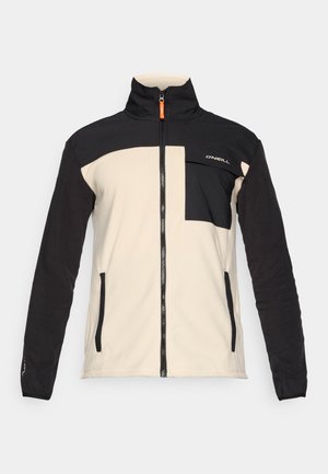 Jachetă din fleece cu guler înalt, având un design în blocuri de culoare negru și crem, închidere cu fermoar și buzunare laterale. Logo-ul O'Neill pe piept.