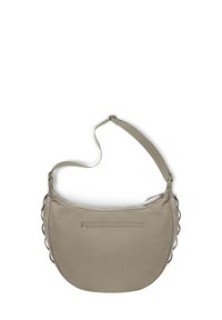 Borsa a spalla in tessuto beige con forma curva, sottile tracolla regolabile e tasca con zip sulla parte anteriore. Presenta lacci decorativi sui lati.