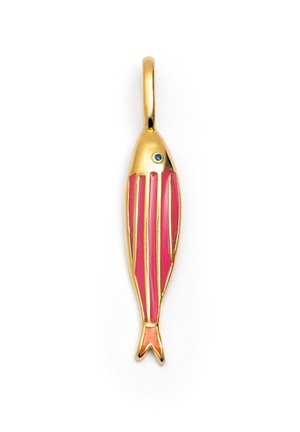 Goldfish pendant with pink enamel stripes and a blue accent. It features a smooth, polished surface and a loop for attachment.