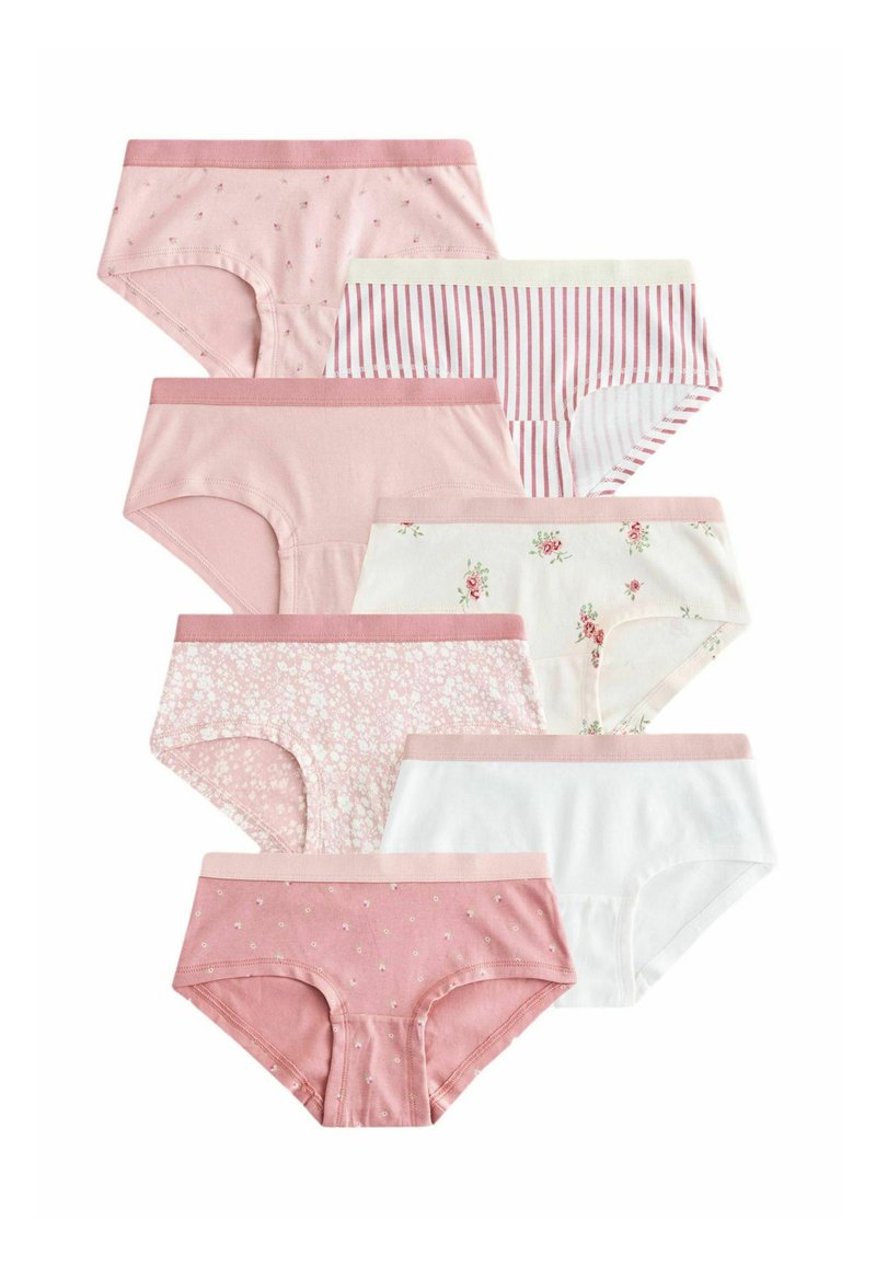 Pack de sept culottes en coton pour filles en rose et blanc, avec des motifs floraux, des rayures et des designs à pois, dotées de ceintures contrastées.