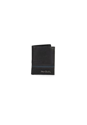 Portefeuille en cuir noir avec une accent de couture bleue et un logo argenté. Conception compacte et pliable avec une texture lisse et un look minimaliste.