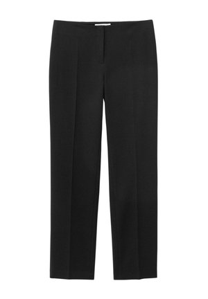 Czarne, dopasowane spodnie o prostych nogawkach z płaskim przodem, bocznymi kieszeniami oraz ukrytym zapięciem na haczyk i suwak w pasie.