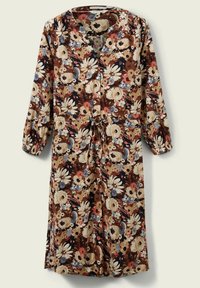 Robe boutonnée à manches longues avec col en V et ceinture à nouer, présentant un motif floral multicolore en tons marron, beige, bleu et rouge.