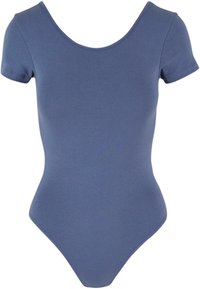 Body à manches courtes bleu en tissu lisse et extensible. Doté d'un col rond et d'une silhouette ajustée, idéal pour le superposer.
