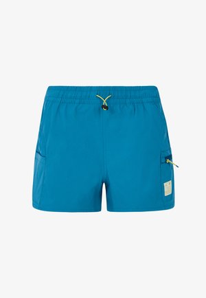 Turquoise zwemshorts met een elastische tailleband, een contrasterend gele trekkoord en een zijvak met rits.
