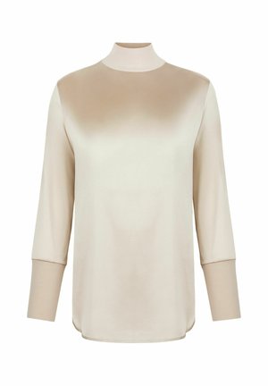 Beige Langarmoberteil mit Stehkragen, glatter Textur und einem Farbverlauf von dunkleren zu helleren Farbtönen. Enganliegende Bündchen.