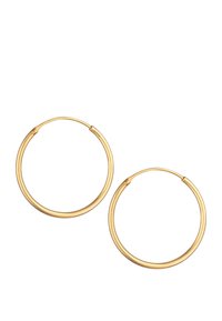 Orecchini a cerchio tono oro con un design liscio e arrotondato, caratterizzati da una finitura lucida e un'estetica minimale. Forma circolare con hardware semplice.