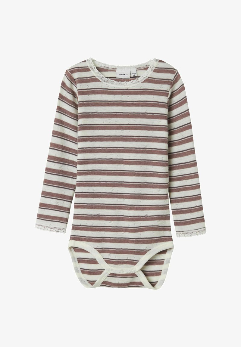 Dryžuotas ilgomis rankovėmis bodis smėlio ir burgundijos spalvų su nėrinių apdaila apykaklės ir rankogalių srityse, turintis spaustukus apačioje.