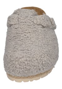 Light gray slipper made of textured, fluffy material with a soft inner lining and a flat, textured sole. Features a simple strap across the top.