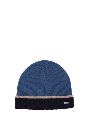 Blue ribbed knit beanie with a black cuff and a thin beige stripe above the cuff, featuring a small silver brand tag on the cuff.