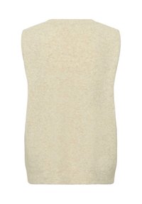 Sveter bez rukava u krem boji s mekanim, teksturiranim završetkom i okruglim izrezom, s suptilnim, točkastim uzorkom po cijeloj površini.