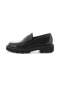 Schwarze Lederloafers mit glänzender Oberfläche, ausgestattet mit einer gestickten oberen Naht, einer dicken Keilsohle und einem robusten Profil für besseren Halt.