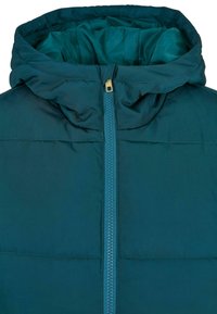 Veste doudoune à capuche teal avec une fermeture éclair à l'avant, motif matelassé et texture douce et lisse. La fermeture éclair est dorée avec un tirant en plastique.