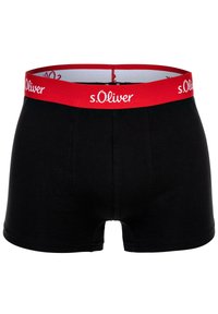 Schwarze Baumwoll-Boxershorts mit einfarbigem Design. Roter elastischer Bund mit "s.Oliver"-Logo in Weiß. Glatte Textur und figurnahes Schnitt.