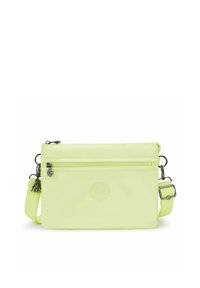 Borsa a tracolla giallo-verde realizzata in materiale liscio. Presenta una tasca con zip, logo impresso sul davanti e una tracolla regolabile con dettagli in metallo.
