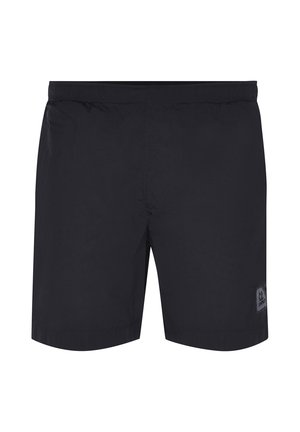 Costume da bagno nero da uomo con vita elastica e piccolo logo quadrato sulla parte inferiore della gamba sinistra, mostrato frontalmente su sfondo bianco.
