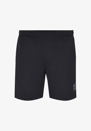 Costume da bagno nero da uomo con vita elastica e piccolo logo quadrato sulla parte inferiore della gamba sinistra, mostrato frontalmente su sfondo bianco.