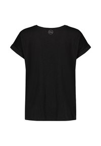 Black short-sleeve T-shirt with a loose fit. Soft fabric, round neckline, and rolled sleeves. Features a circular brand tag at the back.