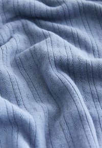 Hele sinine kangas, millel on peenikeste vertikaalsete triipude ja väikeste täppidega tekstuuriline muster, mis näitab pehmet, kootud välimust.