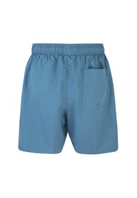 Pantaloni da bagno blu con vita elasticizzata e una singola tasca posteriore. Realizzati in tessuto leggero con una superficie liscia.