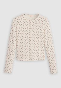Langärmlige weiße Strickjacke mit einem floralen Muster in Rot und Braun. Verfügt über einen runden Ausschnitt und einen Knopfverschluss. Weicher, strukturierter Stoff.