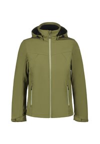 Olijfgroene softshell jas met ritssluiting aan de voorkant, verstelbare capuchon, zijzakken en contrasterende ritsdetails; gladde textuur, slim fit.