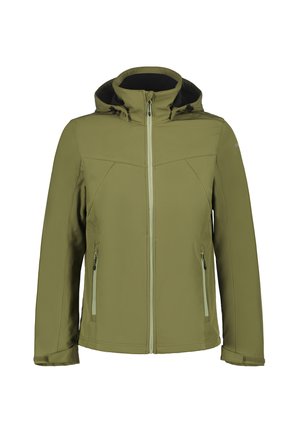 Veste softshell vert olive avec fermeture éclair sur le devant, capuche ajustable, poches latérales et détails de fermeture éclair contrastants ; texture lisse, coupe ajustée.