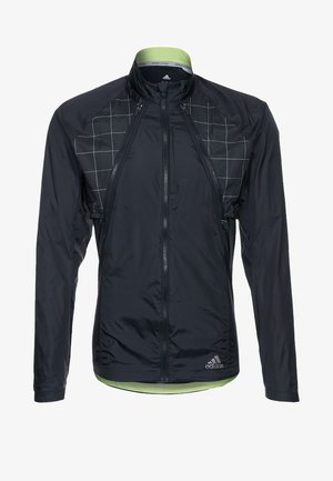 Giacca da corsa leggera nera con motivo a rete sulla parte superiore anteriore, zip integrale e dettagli verdi sul colletto e sull'orlo.
