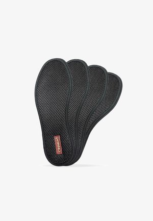 Black breathable insoles with a mesh texture, featuring a smooth edge and a logo label in red. Four insoles stacked together.